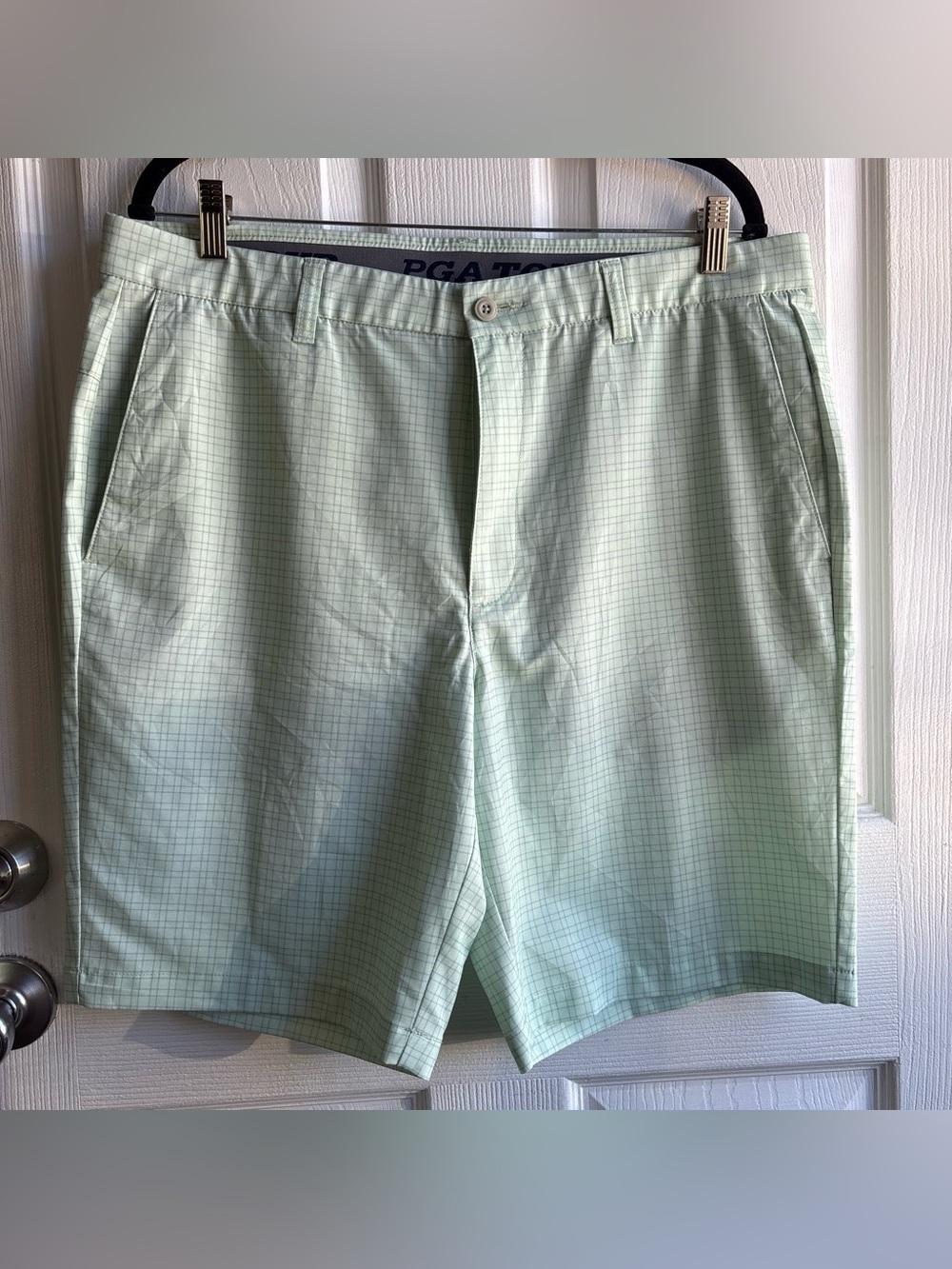 PGA Tour Mens Stretch Golf Shorts Light Green Plaid Performance Size 36